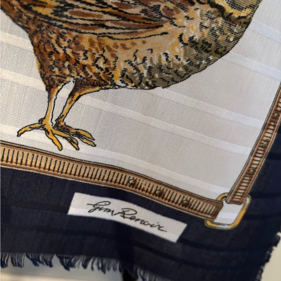 Jim Renoir Vintage Extra Large Square Pheasant Scarf 46x46 EUC Blue/White/Gold - Picture 13 of 14